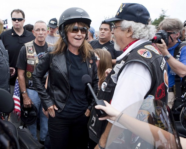 Sarah Palin, former governor of Alaska, greets people before taking part in the Rolling Thunder motorcycle ride to honour U.S. veterans